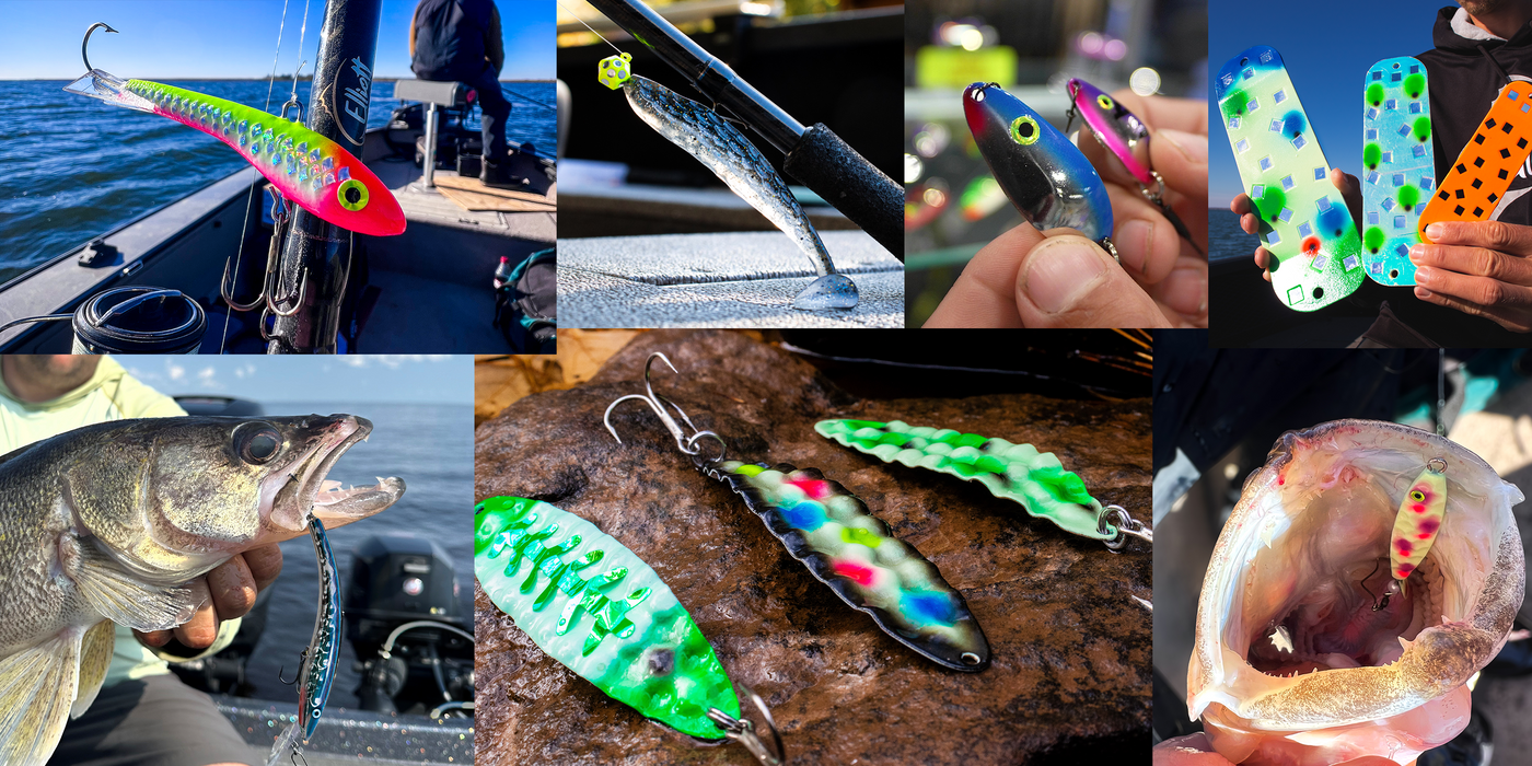 Collage of fishing lures, fish, and fishing equipment with a focus on color and detail.