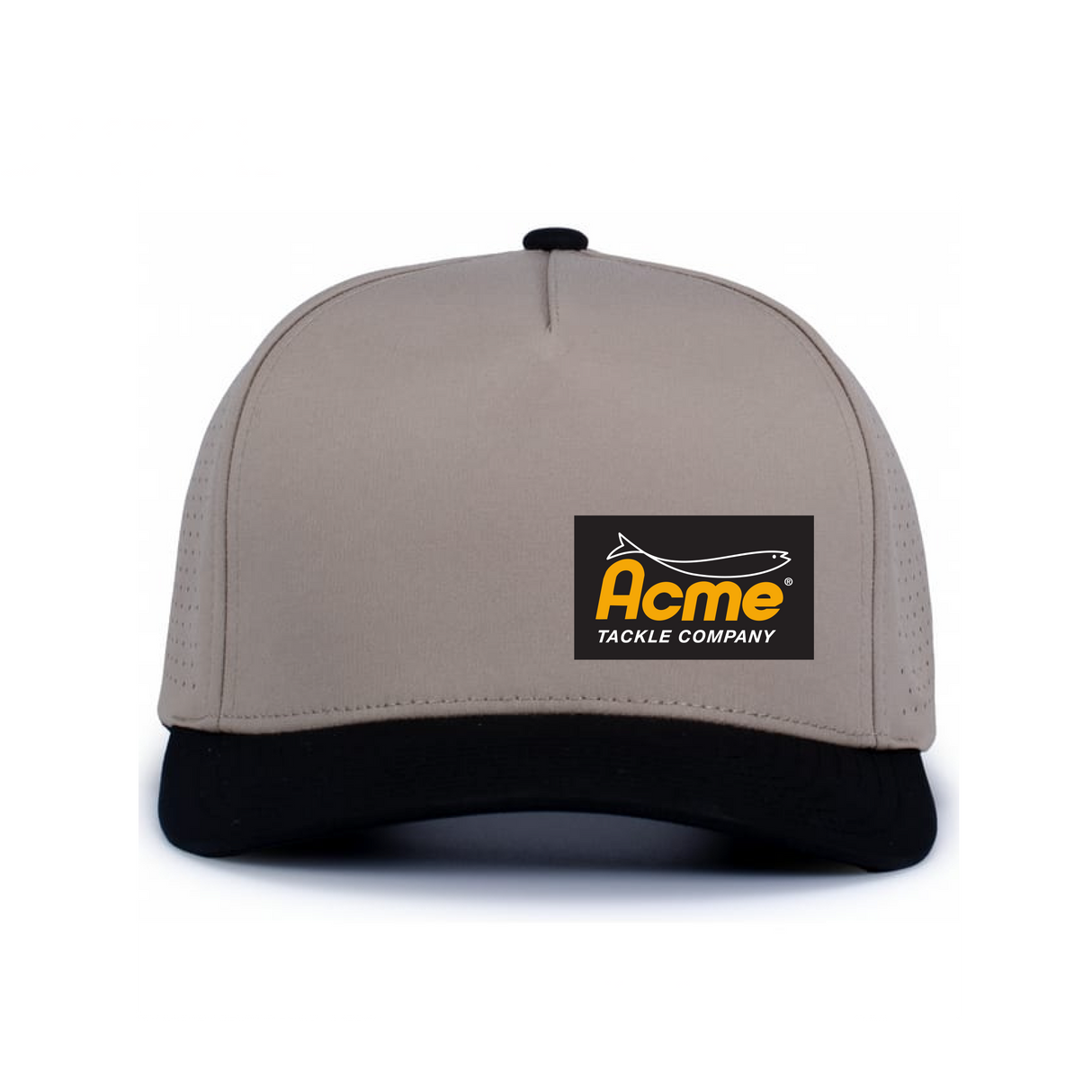 Gray and black cap with Acme Tackle Company logo on a white background