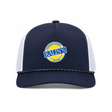 Navy blue and white trucker cap with a yellow and blue Kalin's logo on a white background