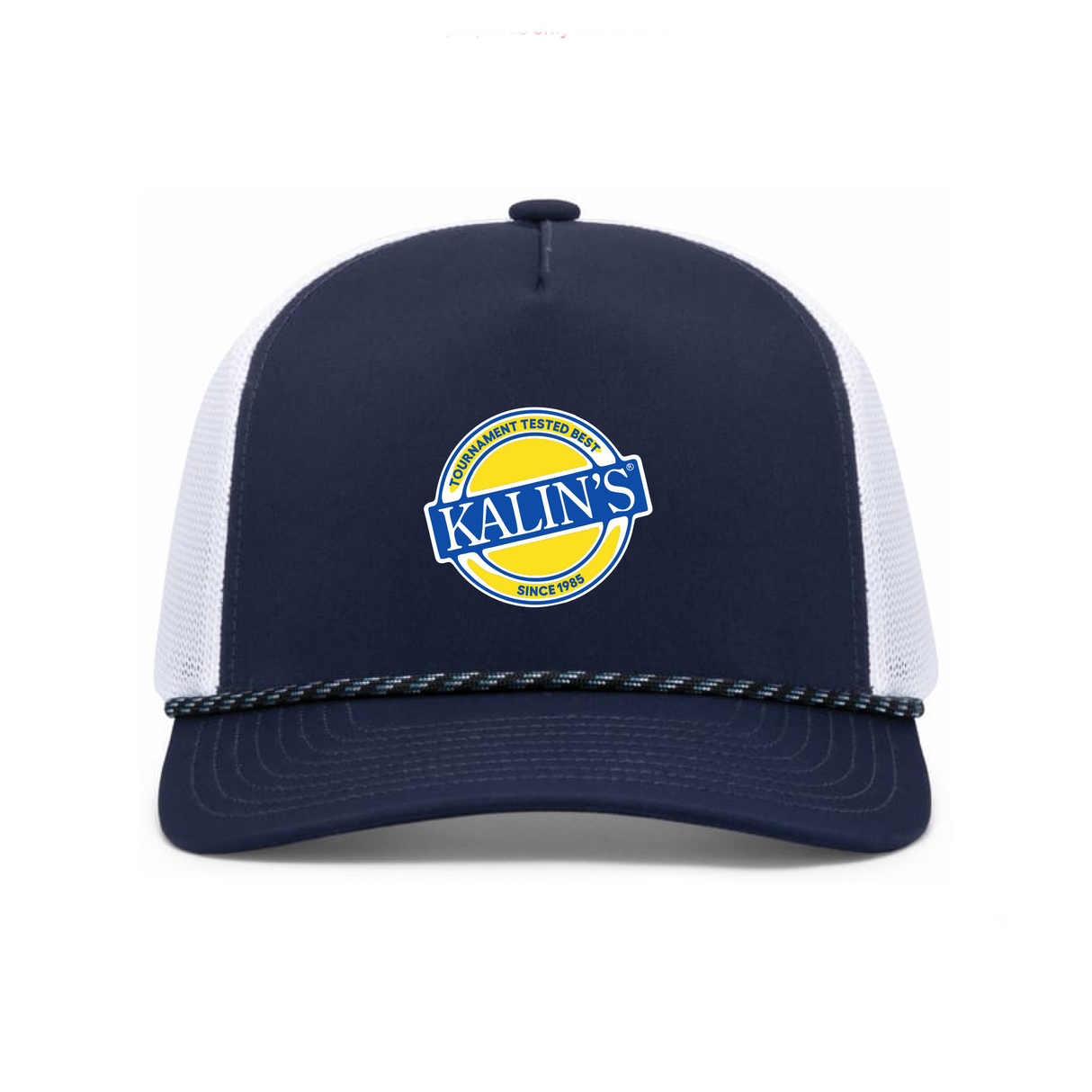 Navy blue and white trucker cap with a yellow and blue Kalin's logo on a white background
