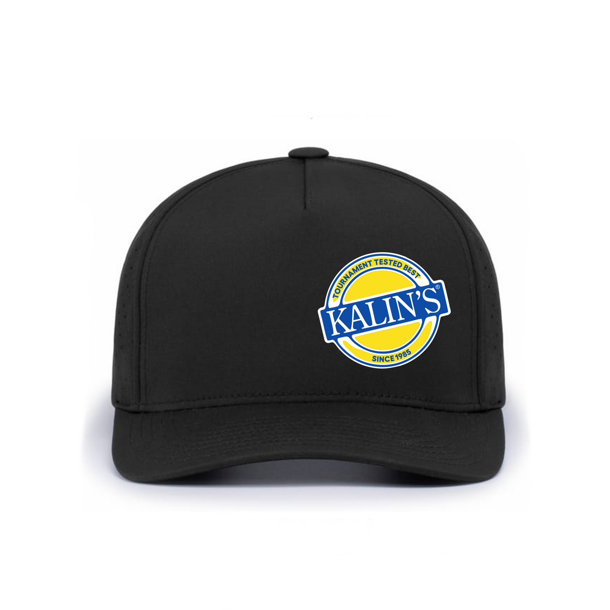 Black perforated hat with a blue and yellow Kalin's logo on the front
