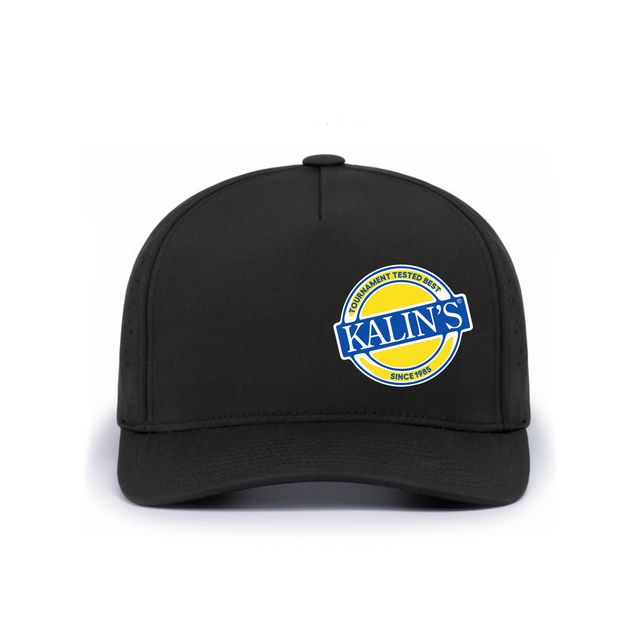 Black perforated hat with a blue and yellow Kalin's logo on the front