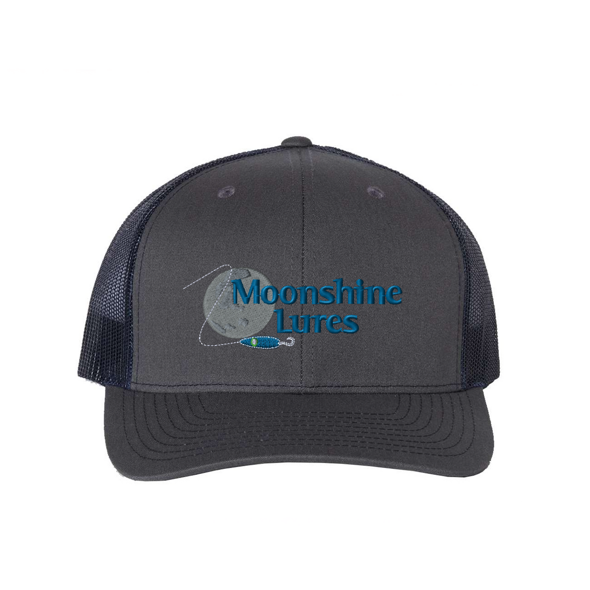 Charcoal and navy hat with Moonshine Lures embroidered logo on front
