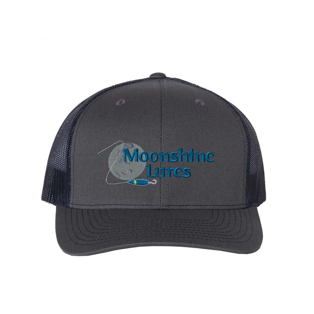 Charcoal and navy hat with Moonshine Lures embroidered logo on front