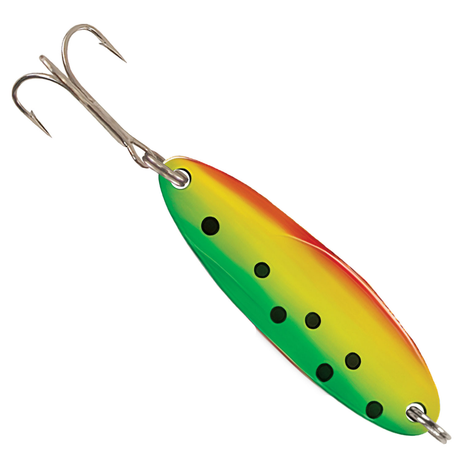 acme kick master fishing lure Hammered Kastmaster Chrome; 1/8 oz flickering and flashing through the water like an injured or frightened baitfish Great Lakes Special Cleo/Kastmaster Multi