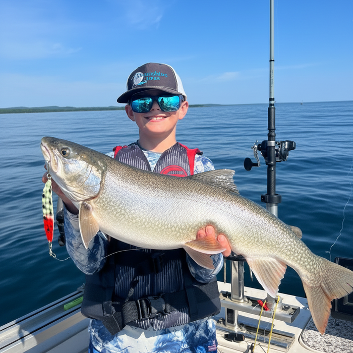 boy holding a lake trout on a boat with fishing equipment in the background